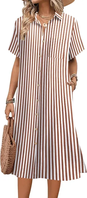HOTOUCH Womens Dress Summer Casual Midi Short Sleeve Button Down Shirt Dresses Loose Beach Cover Up with Pockets