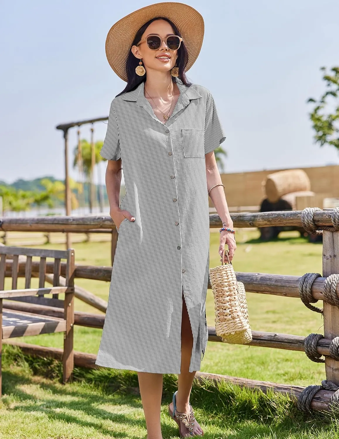 HOTOUCH Womens Summer Dress Casual Midi Short Sleeve Shirt Button Down Loose Beach Dress with Pockets