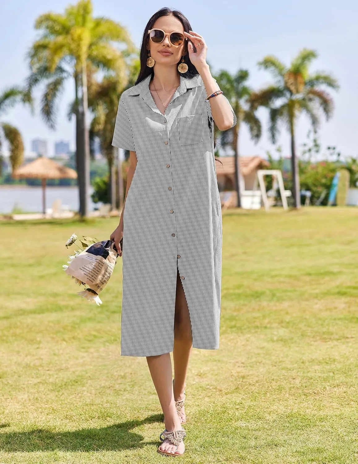 HOTOUCH Womens Summer Dress Casual Midi Short Sleeve Shirt Button Down Loose Beach Dress with Pockets