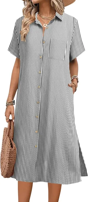 HOTOUCH Womens Summer Dress Casual Midi Short Sleeve Shirt Button Down Loose Beach Dress with Pockets
