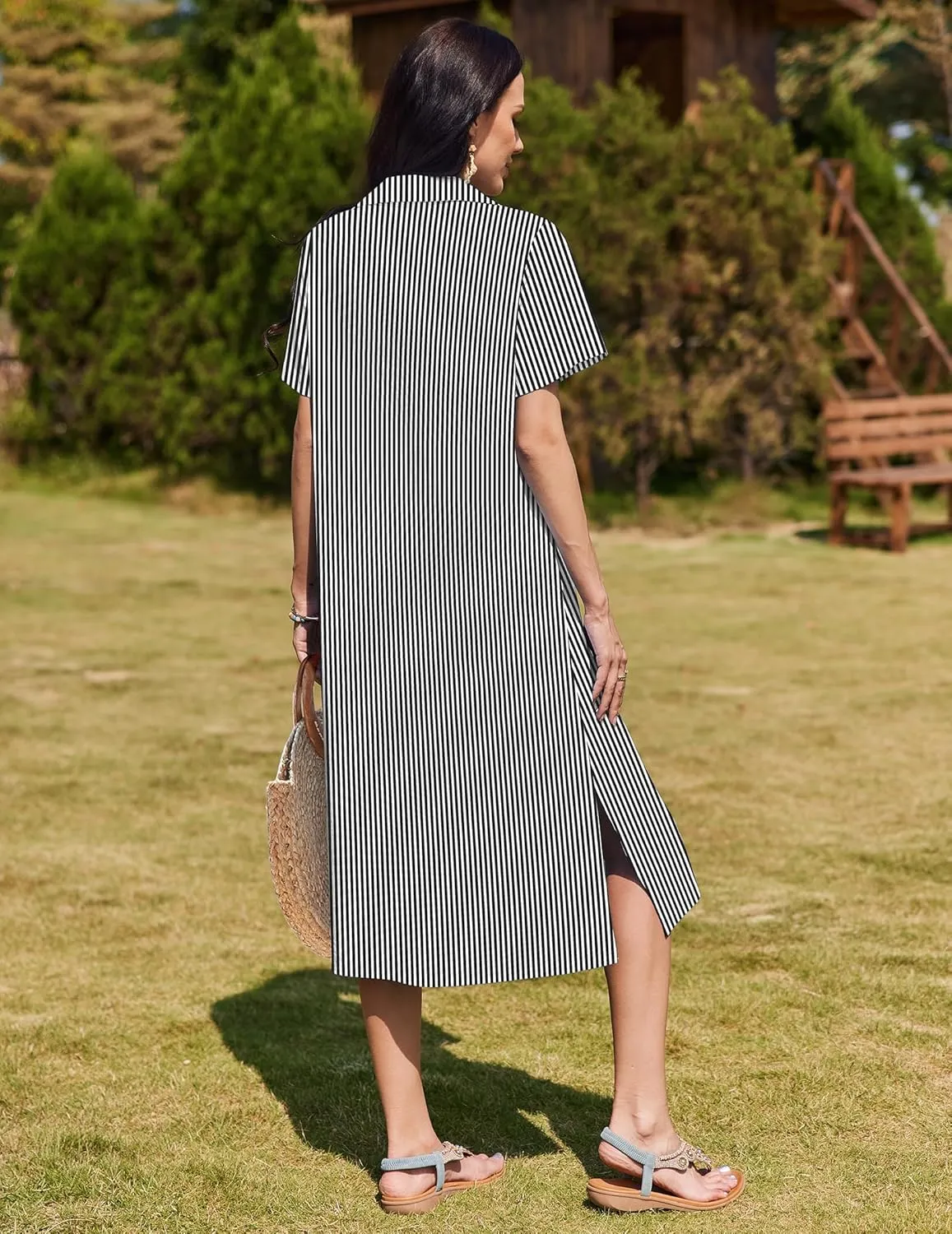 HOTOUCH Womens Summer Dress Casual Midi Short Sleeve Shirt Button Down Loose Beach Dress with Pockets