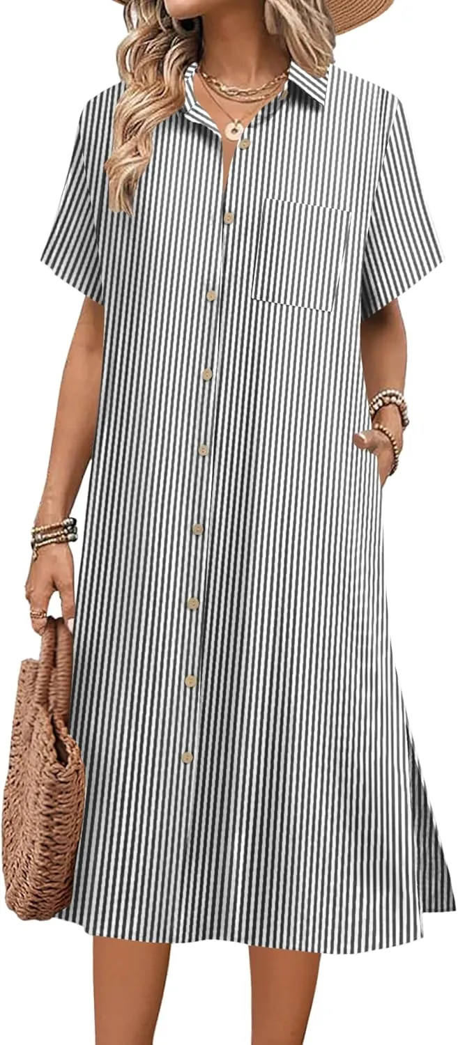 HOTOUCH Womens Summer Dress Casual Midi Short Sleeve Shirt Button Down Loose Beach Dress with Pockets