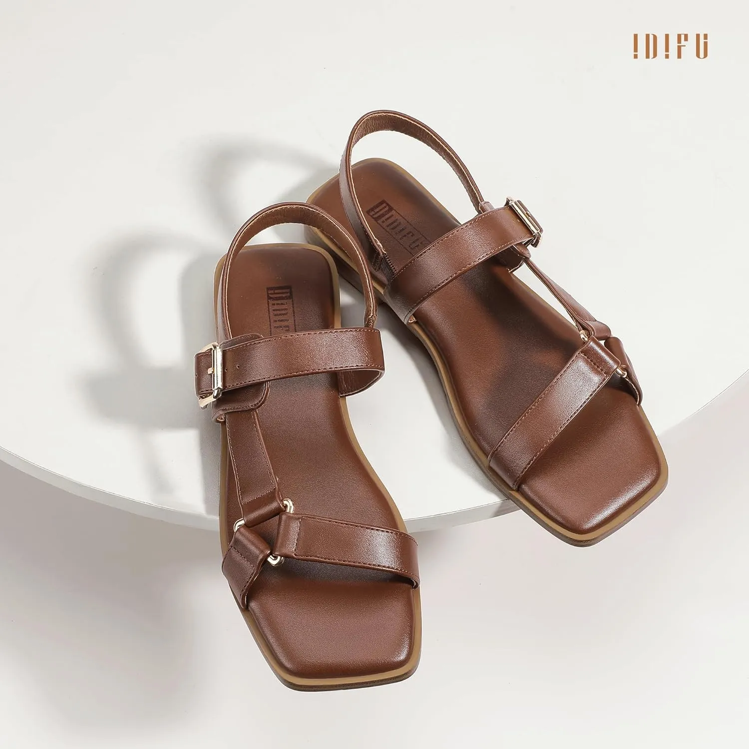 IDIFU Flat Sandals for Women Strappy Slingback Ladies Dress Sandal Summer Beach Cute Dressy Comfortable Flats Ankle Strap Buckle Square Open Toe Trendy Casual Vacation Formal Sandals