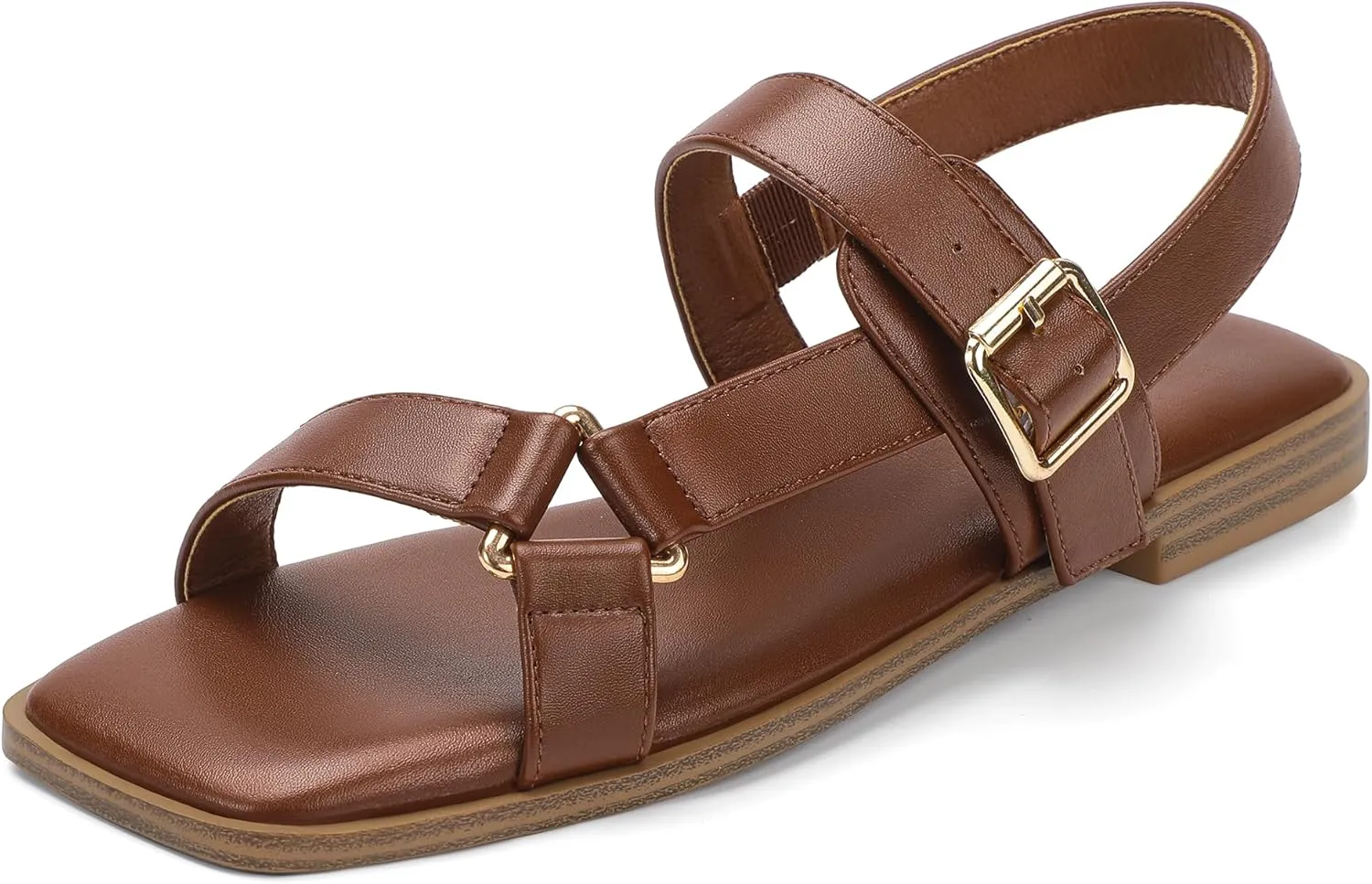 IDIFU Flat Sandals for Women Strappy Slingback Ladies Dress Sandal Summer Beach Cute Dressy Comfortable Flats Ankle Strap Buckle Square Open Toe Trendy Casual Vacation Formal Sandals
