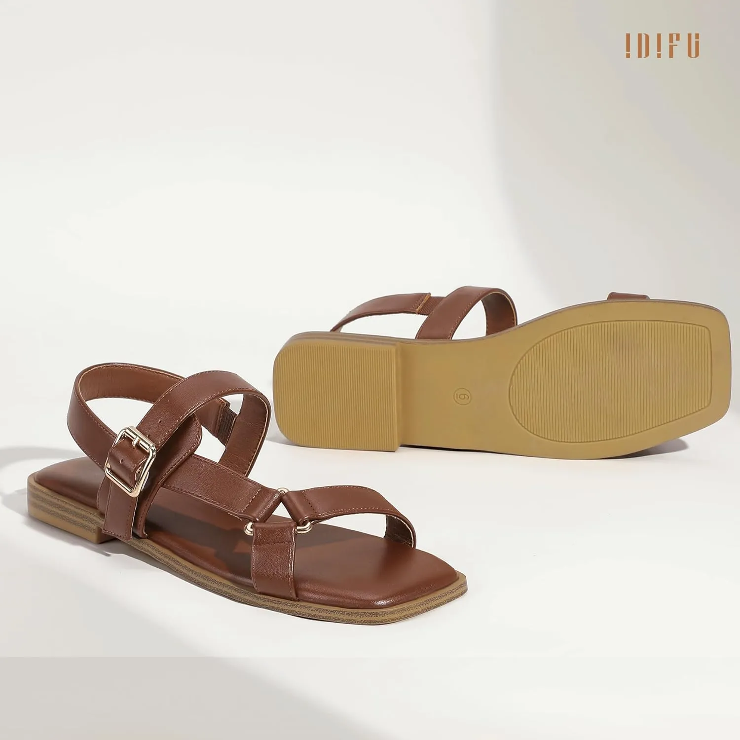 IDIFU Flat Sandals for Women Strappy Slingback Ladies Dress Sandal Summer Beach Cute Dressy Comfortable Flats Ankle Strap Buckle Square Open Toe Trendy Casual Vacation Formal Sandals