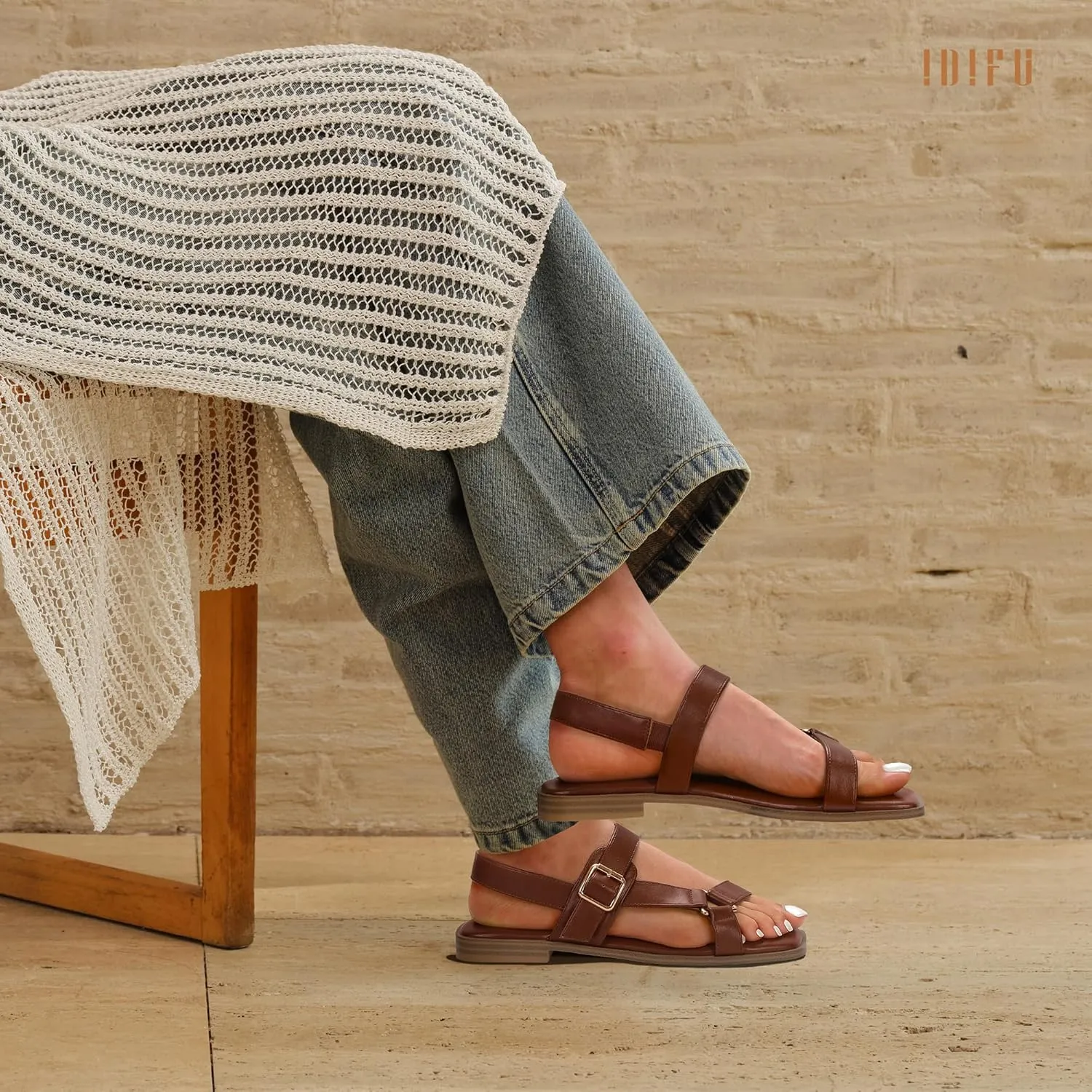 IDIFU Flat Sandals for Women Strappy Slingback Ladies Dress Sandal Summer Beach Cute Dressy Comfortable Flats Ankle Strap Buckle Square Open Toe Trendy Casual Vacation Formal Sandals