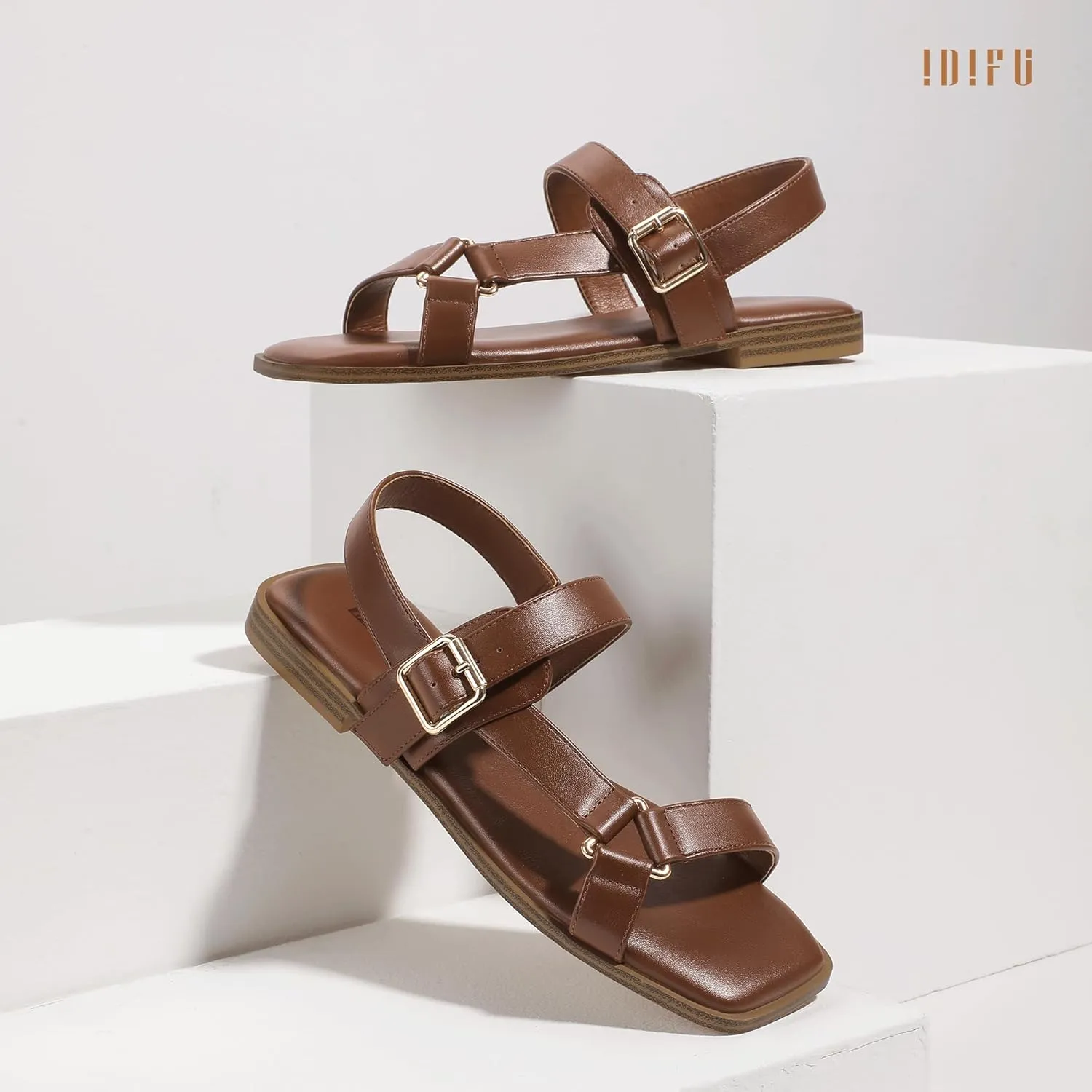 IDIFU Flat Sandals for Women Strappy Slingback Ladies Dress Sandal Summer Beach Cute Dressy Comfortable Flats Ankle Strap Buckle Square Open Toe Trendy Casual Vacation Formal Sandals