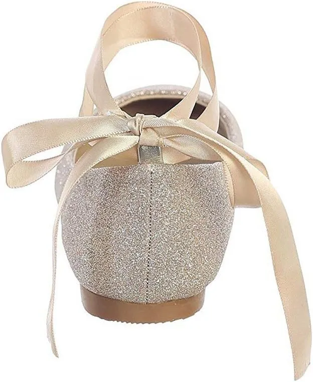 iGirlDress Girls Glitter Ribbon Ankle Ties Ballerina Flat Shoes 9 Toddler-5 Kids