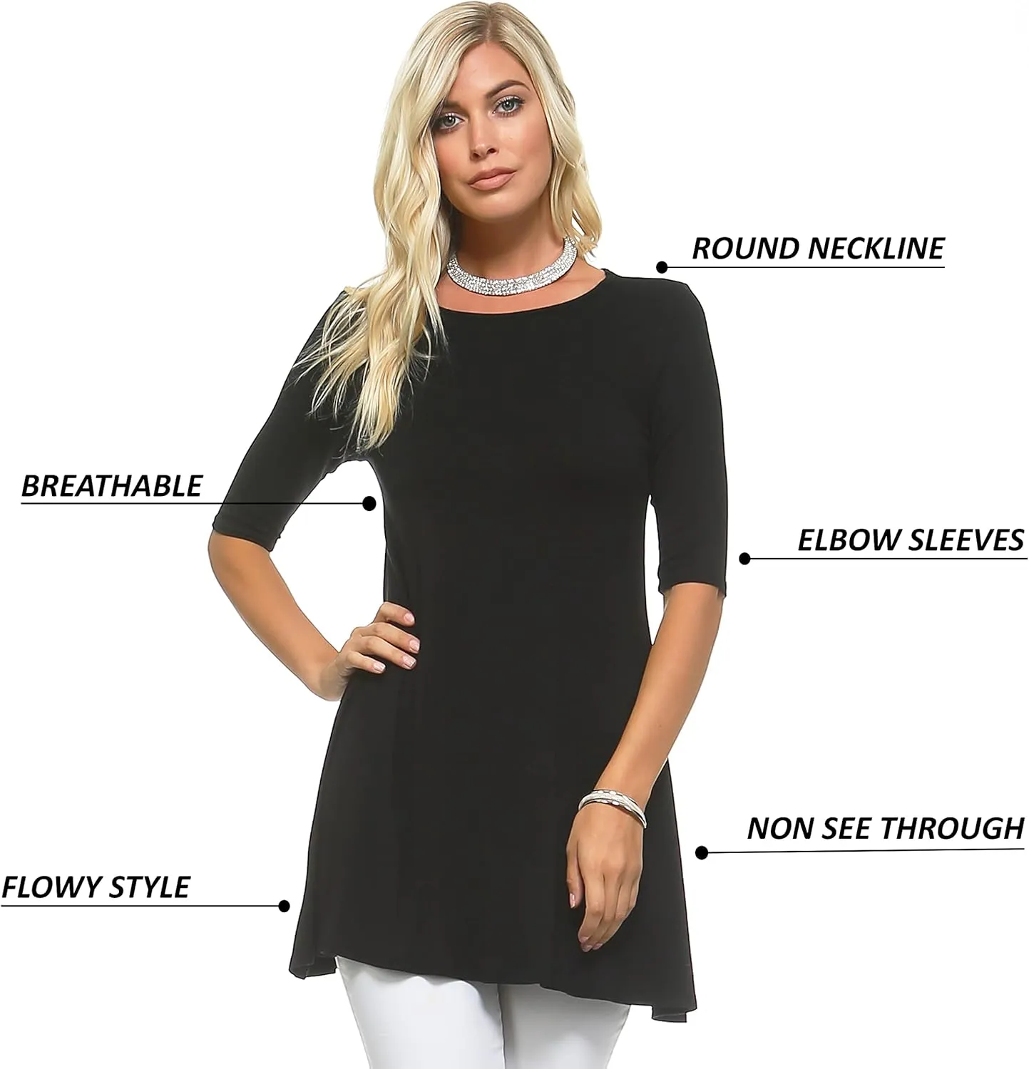 Isaac Liev Women's Tunic Top – 3 Pack Casual 3/4 Sleeve Basic Blouses T Shirts Tops Tee Dressy shirt Loose Fit T-shirt Tunics