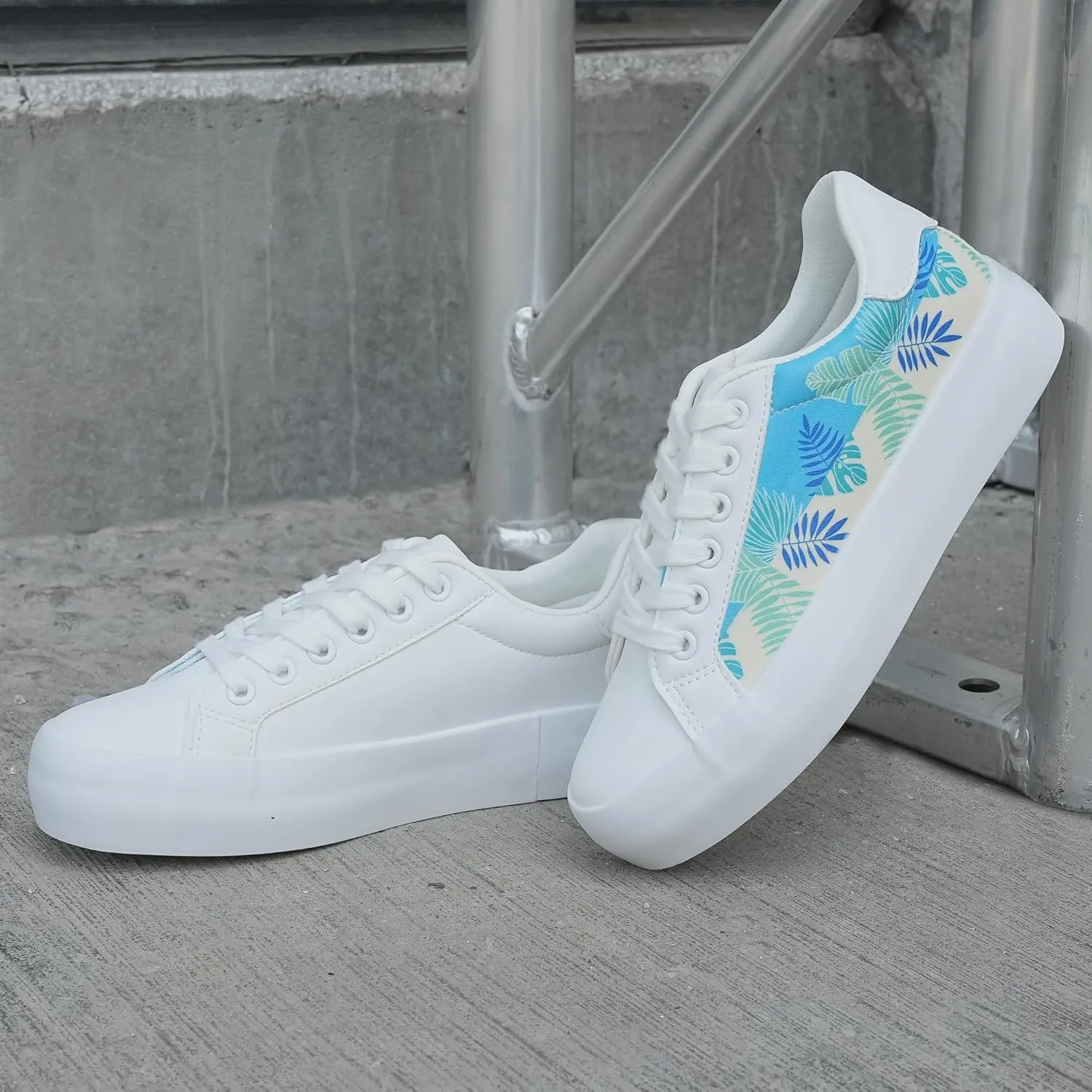 JABASIC Women Platform Sneakers Lace-up Floral Print Fashion Walking Shoes