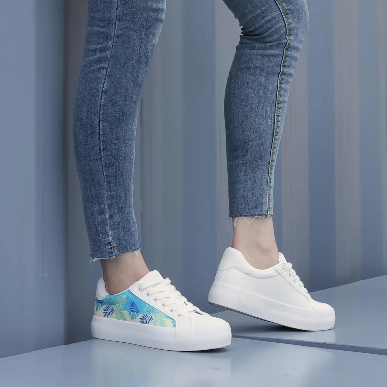 JABASIC Women Platform Sneakers Lace-up Floral Print Fashion Walking Shoes