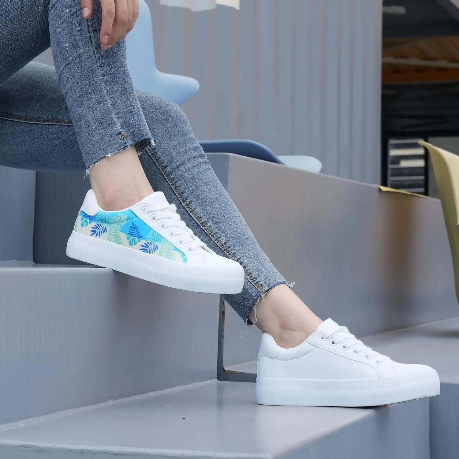 JABASIC Women Platform Sneakers Lace-up Floral Print Fashion Walking Shoes