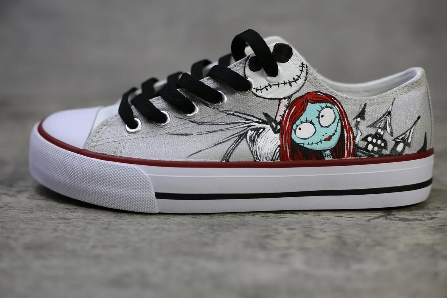 Jack and Sally canvas sneakers, low cut, hand drawn personalized design, silver lace (6Men/8Women/EU39)