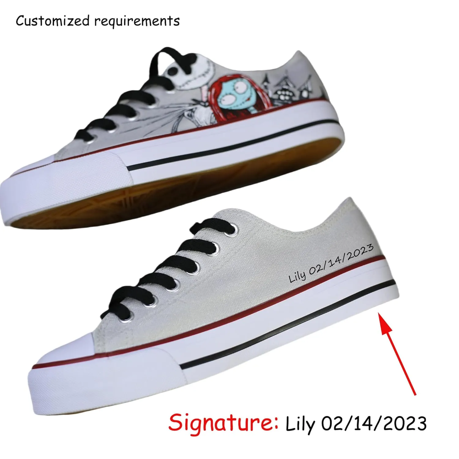 Jack and Sally canvas sneakers, low cut, hand drawn personalized design, silver lace (8Men/10Women/EU41)