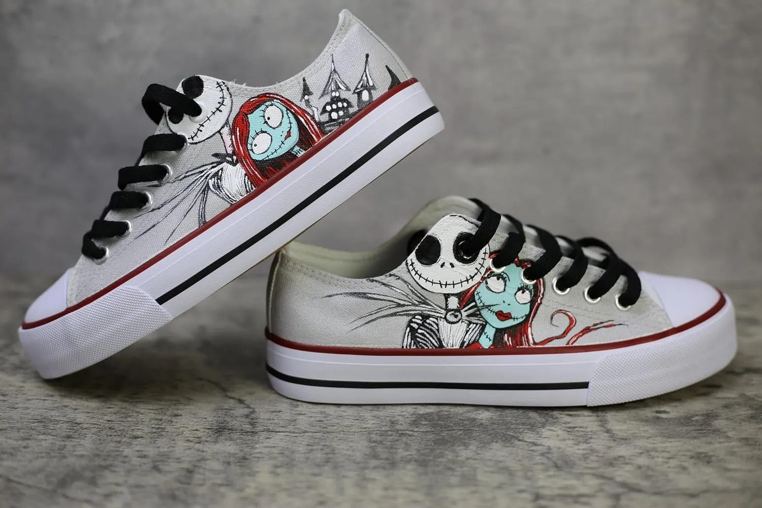 Jack and Sally canvas sneakers, low cut, hand drawn personalized design, silver lace (8Men/10Women/EU41)