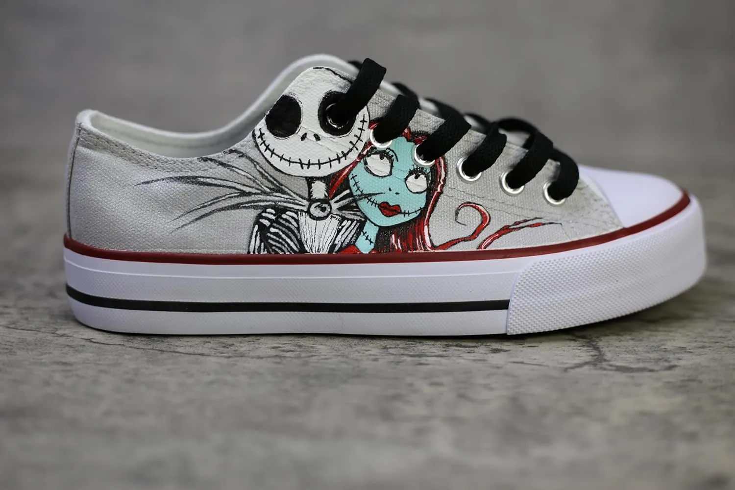 Jack and Sally canvas sneakers, low cut, hand drawn personalized design, silver lace (8Men/10Women/EU41)