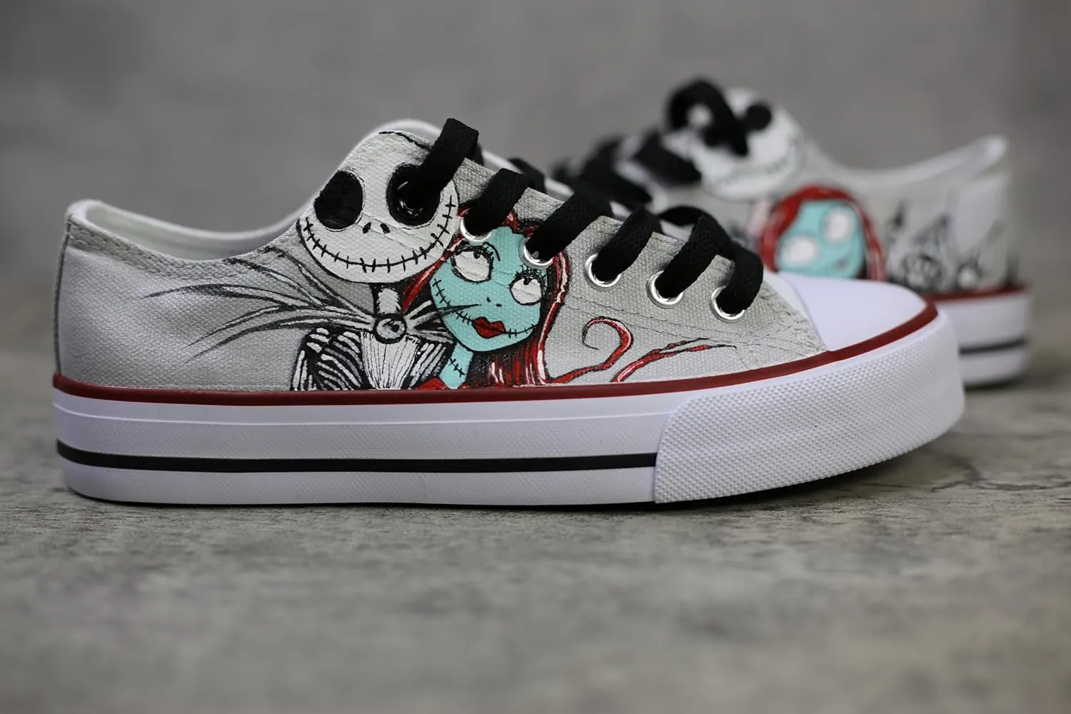 Jack and Sally canvas sneakers, low cut, hand drawn personalized design, silver lace (8Men/10Women/EU41)