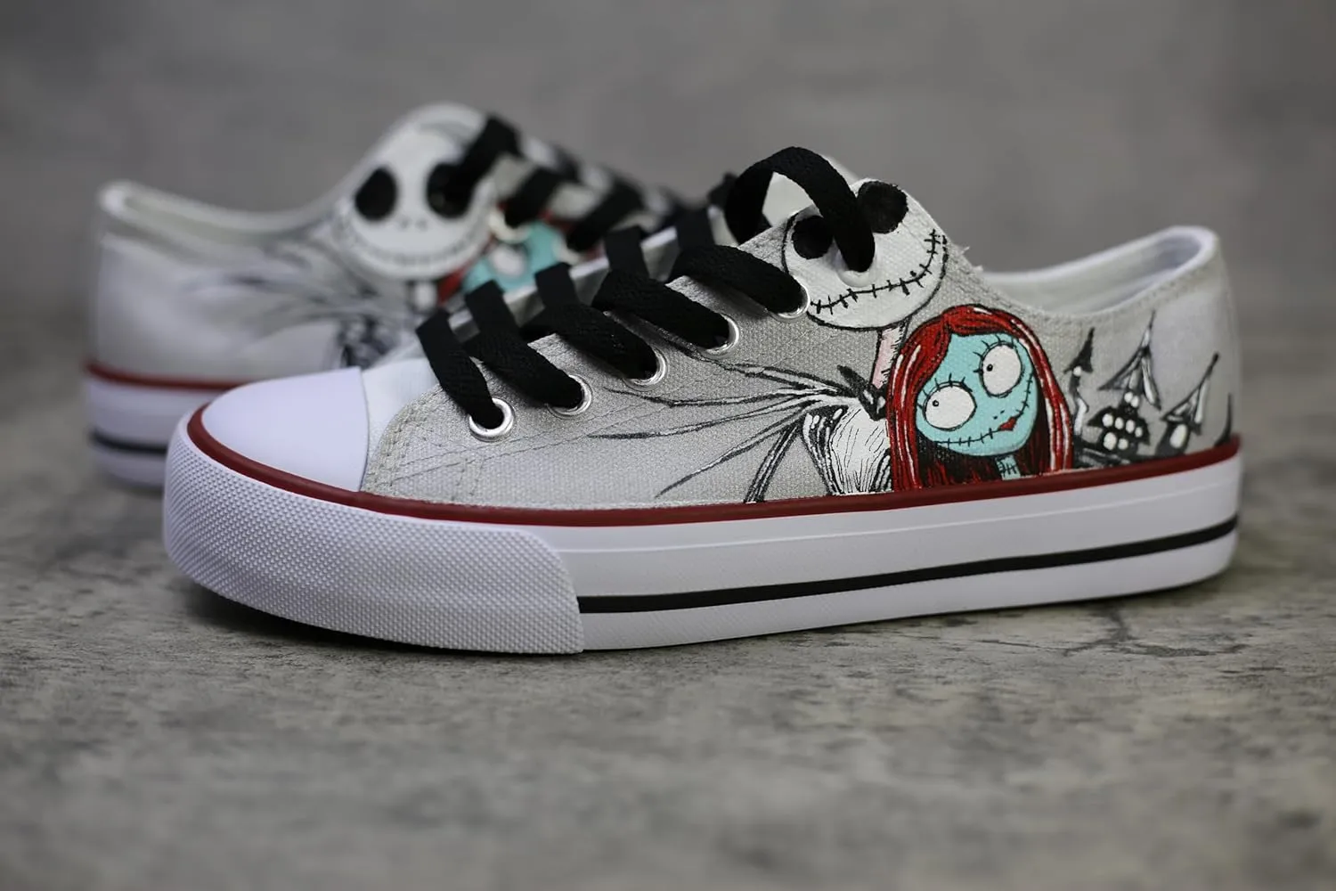 Jack and Sally canvas sneakers, low cut, hand drawn personalized design, silver lace (8Men/10Women/EU41)