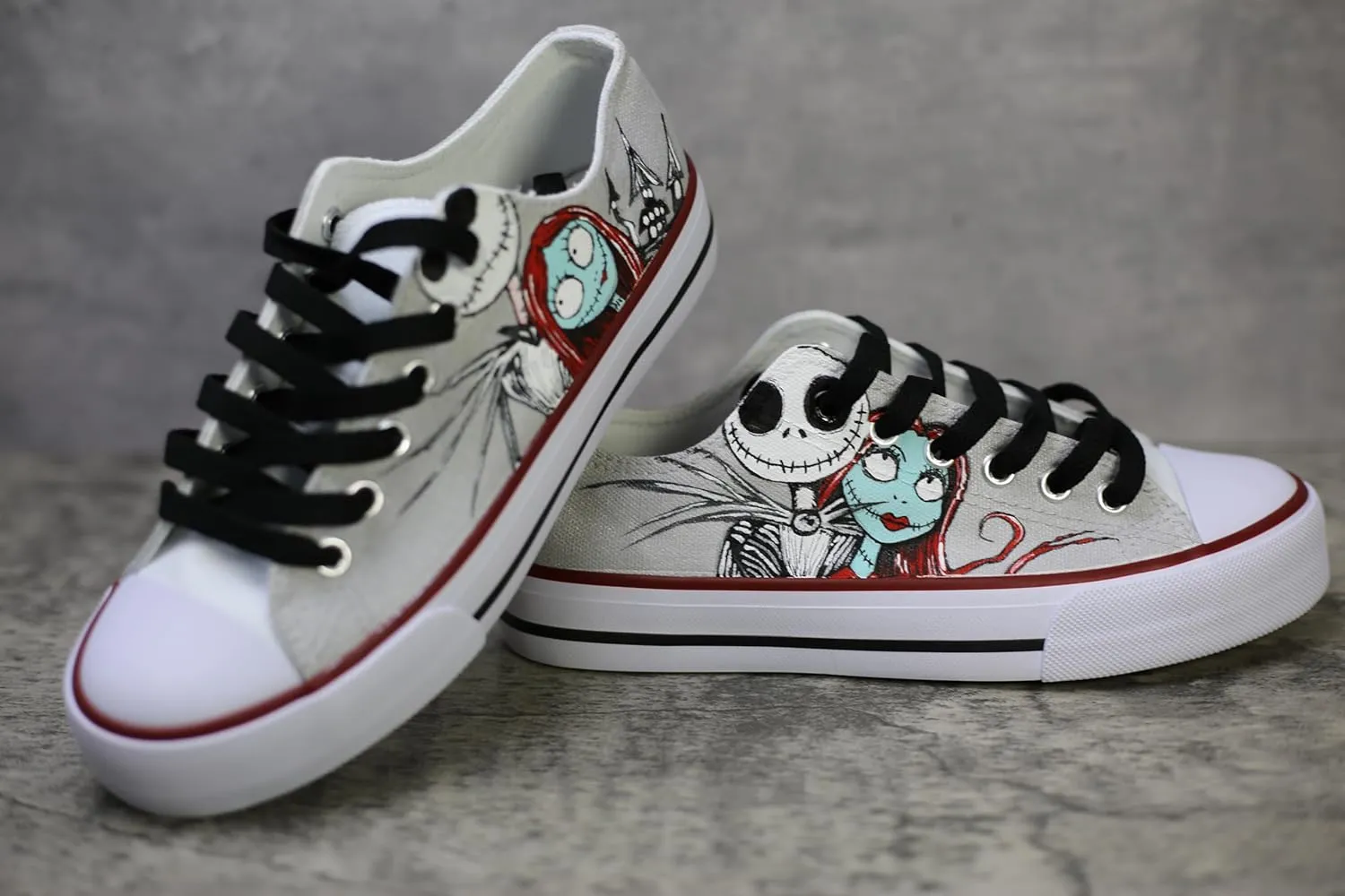 Jack and Sally canvas sneakers, low cut, hand drawn personalized design, silver lace (8Men/10Women/EU41)