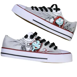 Jack and Sally canvas sneakers, low cut, hand drawn personalized design, silver lace (8Men/10Women/EU41)