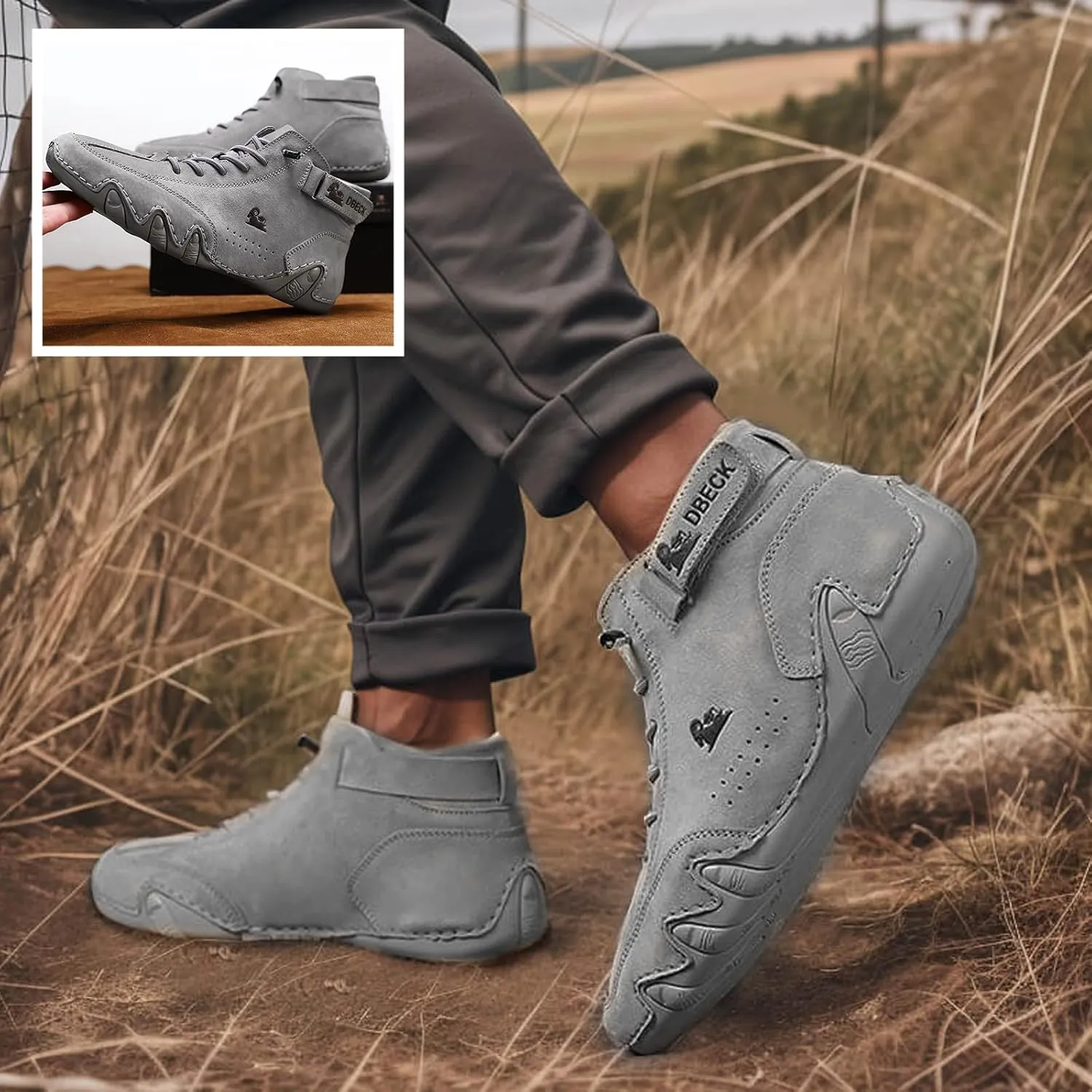 JishinGal Men's Casual Suede Lace Up Flats Chukka Ankle Boots,Handmade High Top high boots Outdoor Walking Sneakers Slip-on Lightweight Non-Slip Driving Chukka Boots