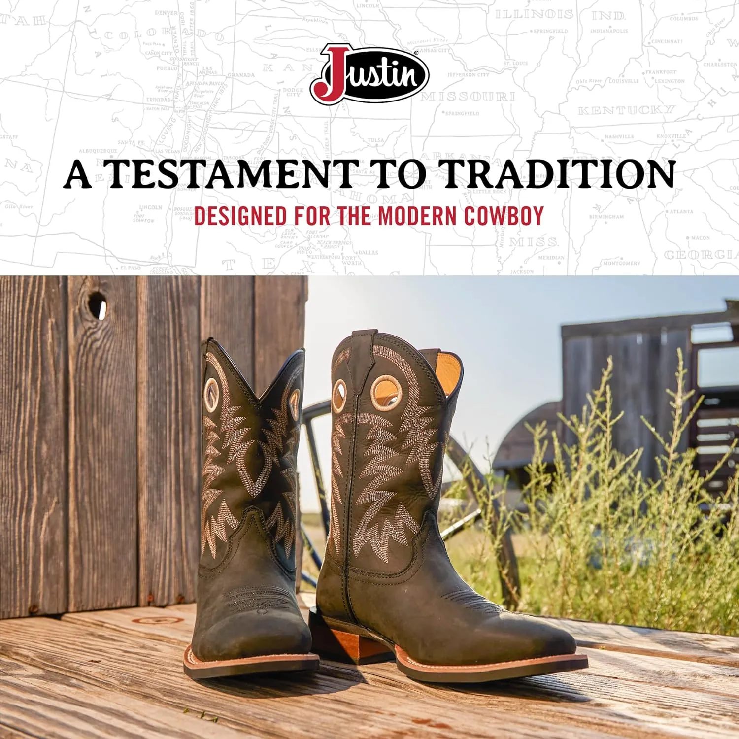 Justin Show Stopper 11” Western Boots for Men - Frontier Collection - Square Toe Leather Men’s Cowboy Boots with Comfort Footbed, Non Slip Outsole