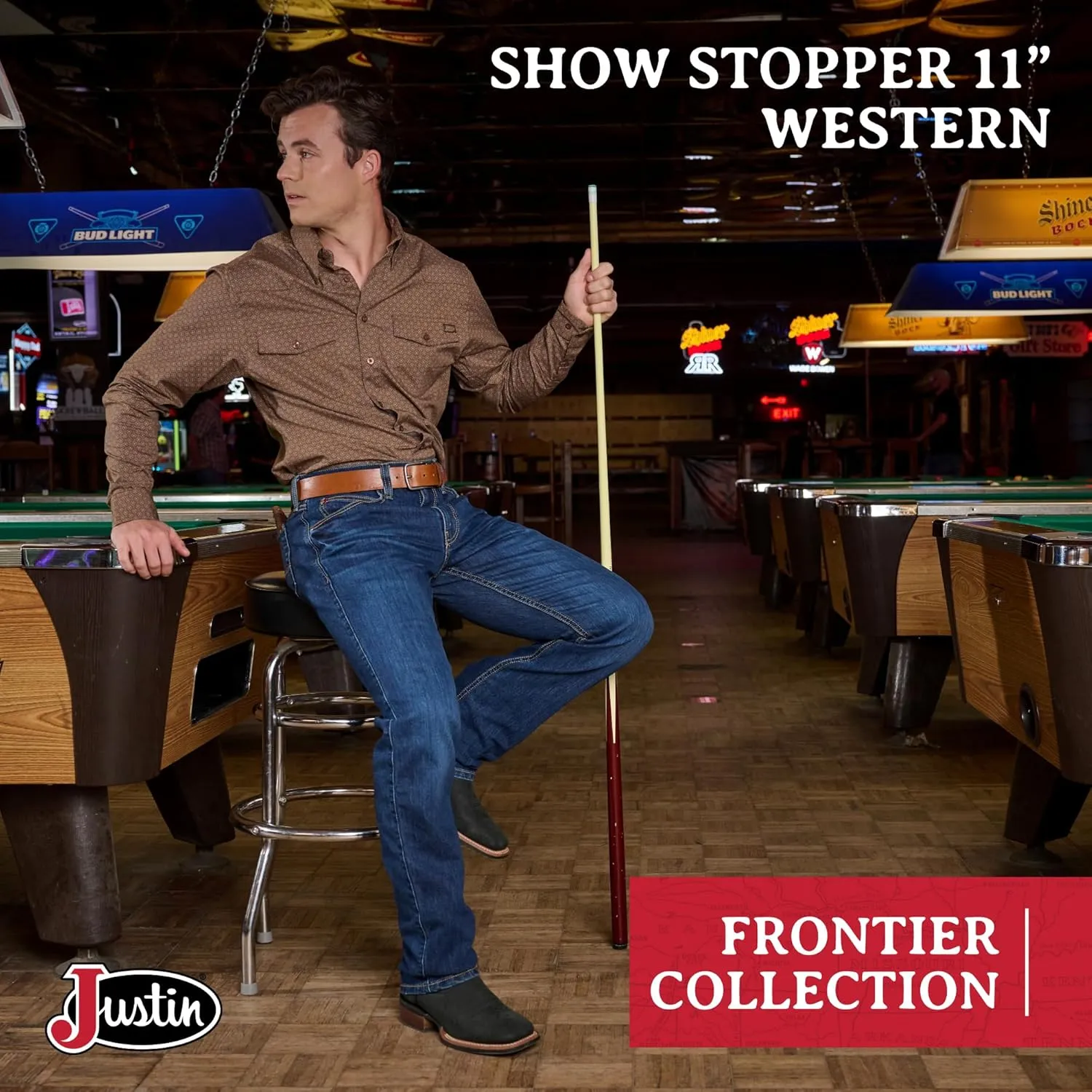Justin Show Stopper 11” Western Boots for Men - Frontier Collection - Square Toe Leather Men’s Cowboy Boots with Comfort Footbed, Non Slip Outsole
