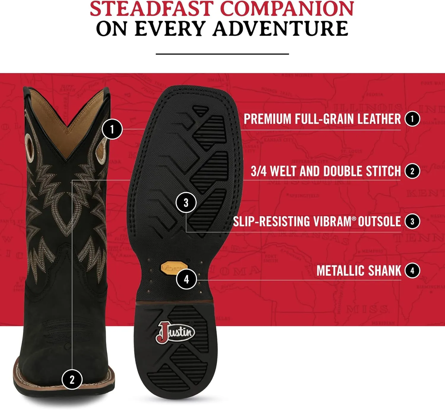 Justin Show Stopper 11” Western Boots for Men - Frontier Collection - Square Toe Leather Men’s Cowboy Boots with Comfort Footbed, Non Slip Outsole