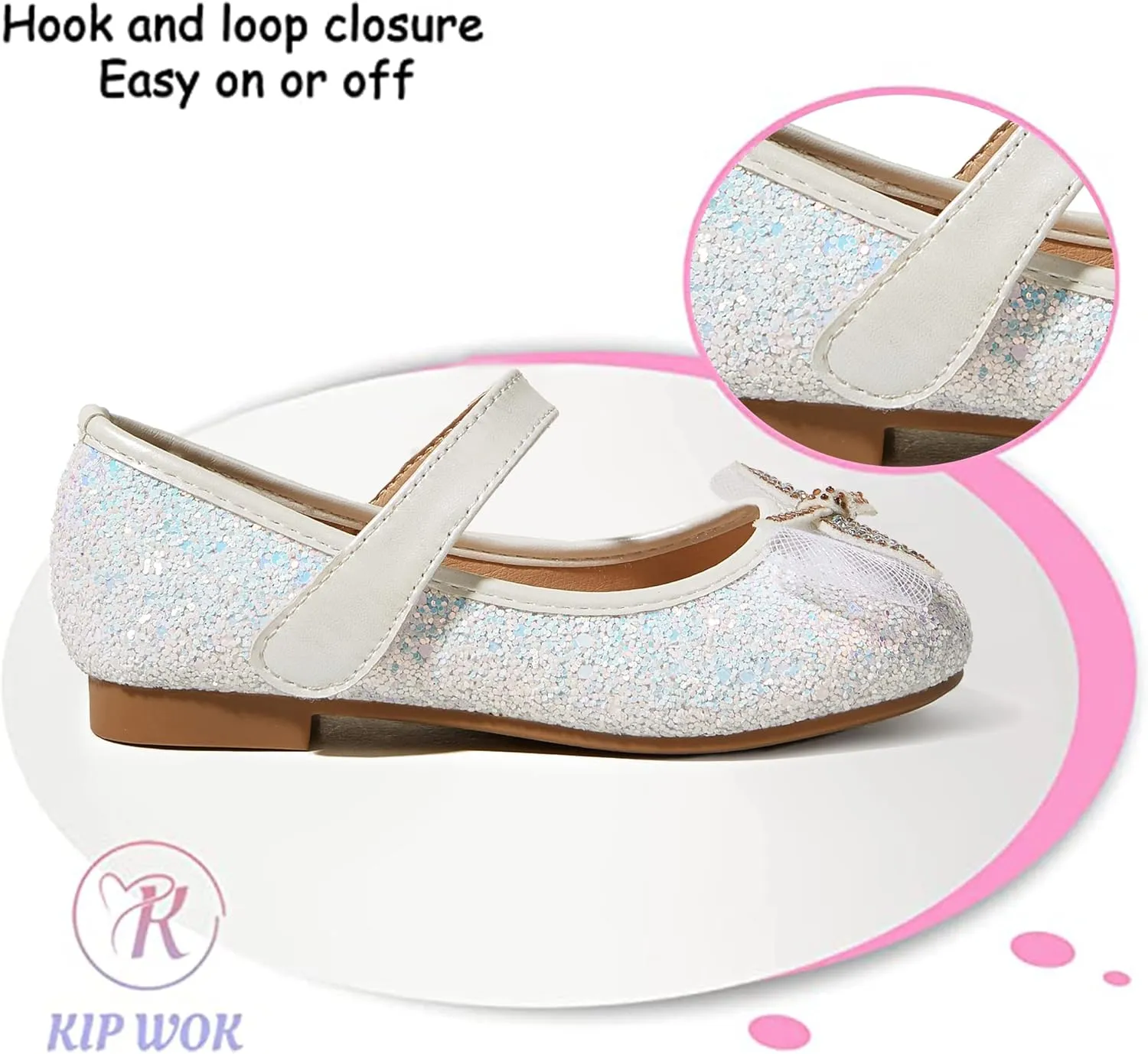 K KIP WOK Toddler Girl Mary Jane Dress Glitter Flats Shoes Flower for Ballet Wedding