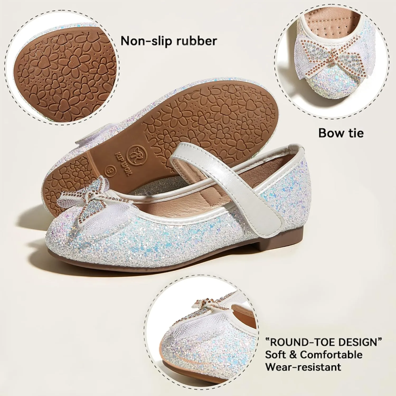 K KIP WOK Toddler Girl Mary Jane Dress Glitter Flats Shoes Flower for Ballet Wedding
