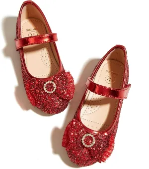 K KIP WOK Toddler Girl Mary Jane Dress Glitter Flats Shoes Flower for Ballet Wedding