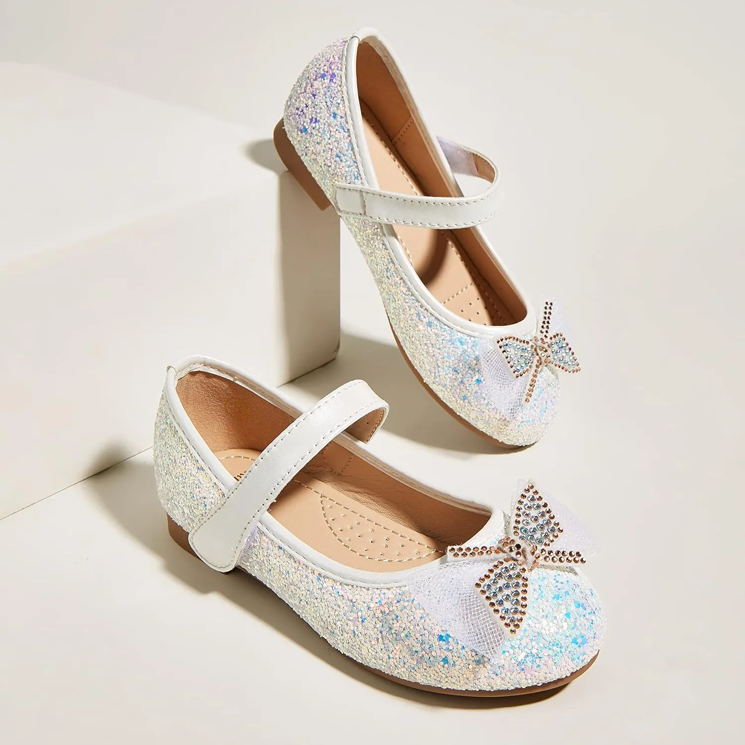 K KIP WOK Toddler Girl Mary Jane Dress Glitter Flats Shoes Flower for Ballet Wedding