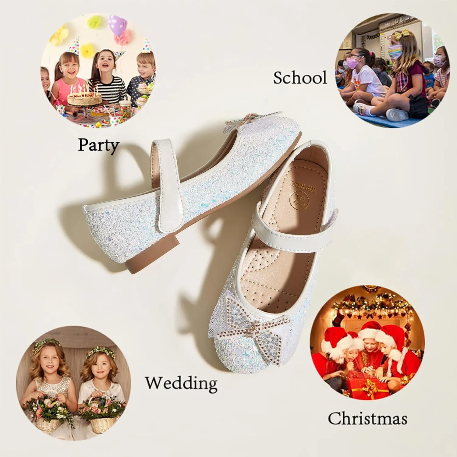 K KIP WOK Toddler Girl Mary Jane Dress Glitter Flats Shoes Flower for Ballet Wedding