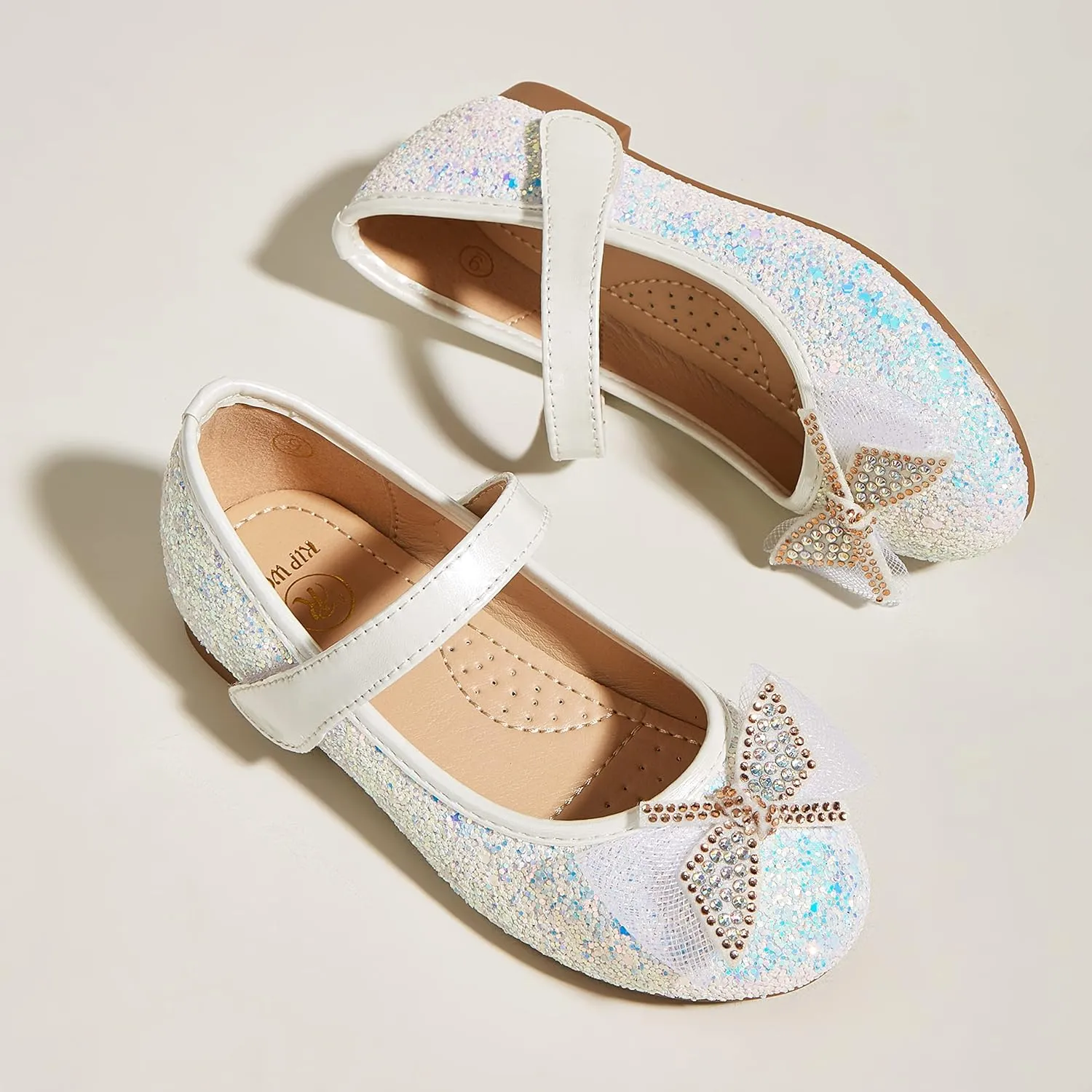 K KIP WOK Toddler Girl Mary Jane Dress Glitter Flats Shoes Flower for Ballet Wedding