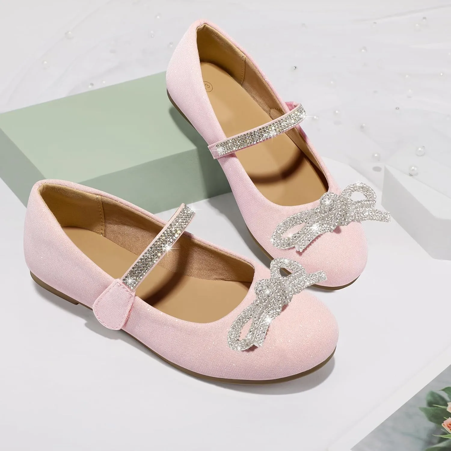 K KomForme Girl's Bow Mary Jane Dress Shoes Ballet Princess Flats with Rhinestone Strap for Party Wedding School, Toddler/Little Kid/Big Kid