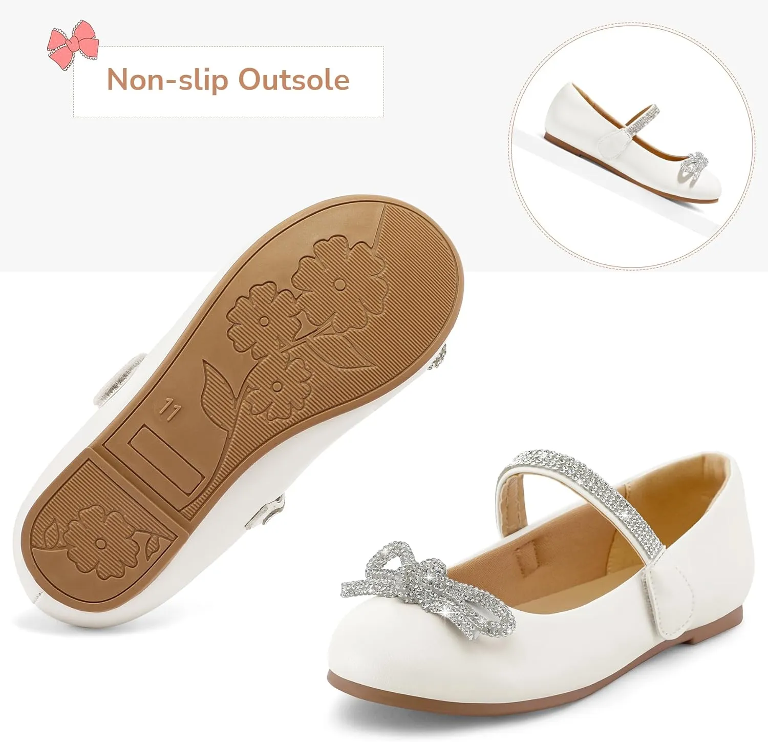 K KomForme Girl's Bow Mary Jane Dress Shoes Ballet Princess Flats with Rhinestone Strap for Party Wedding School, Toddler/Little Kid/Big Kid