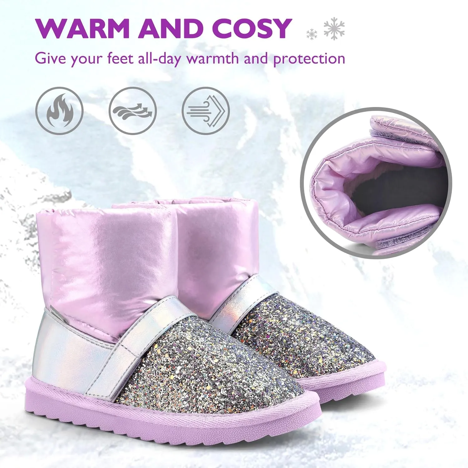 K KomForme Kids Snow Boots Little/Big Girls Glitter Winter Shoes Warm Fur Lined Outdoor