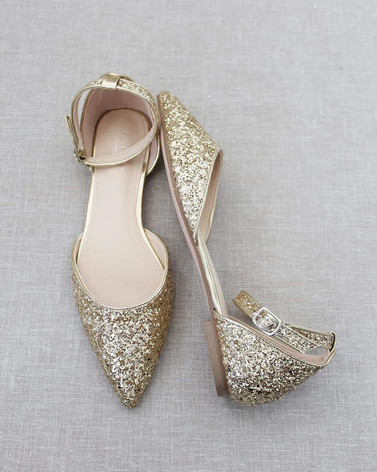 KAILEE P Rock Glitter Pointy Toe Flats with Ankle Strap, Wedding Shoes, Bridesmaids Shoes, Prom Shoes, Party Shoes, Bridal Flats