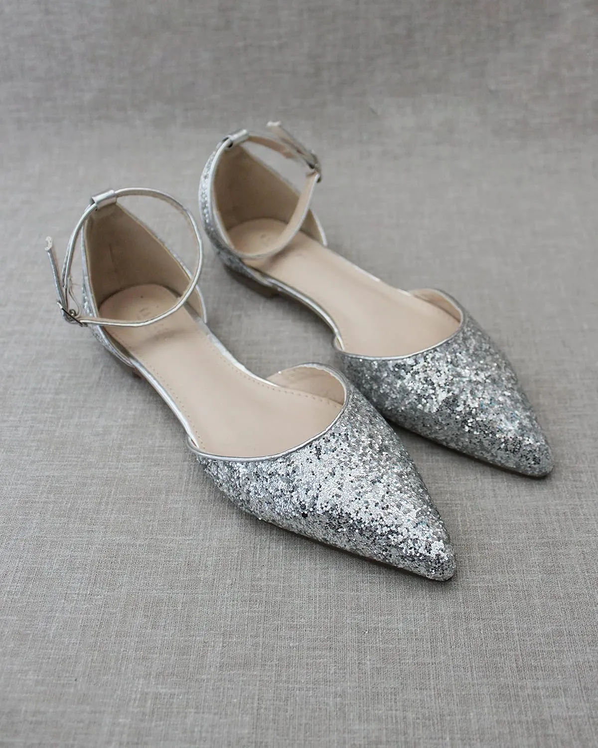 KAILEE P Rock Glitter Pointy Toe Flats with Ankle Strap, Wedding Shoes, Bridesmaids Shoes, Prom Shoes, Party Shoes, Bridal Flats