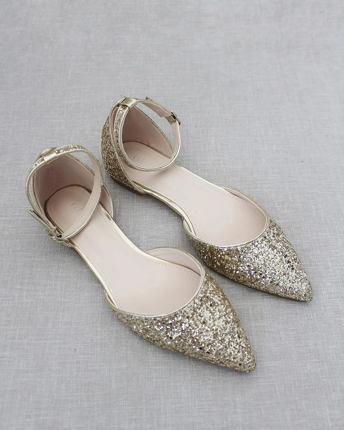 KAILEE P Rock Glitter Pointy Toe Flats with Ankle Strap, Wedding Shoes, Bridesmaids Shoes, Prom Shoes, Party Shoes, Bridal Flats