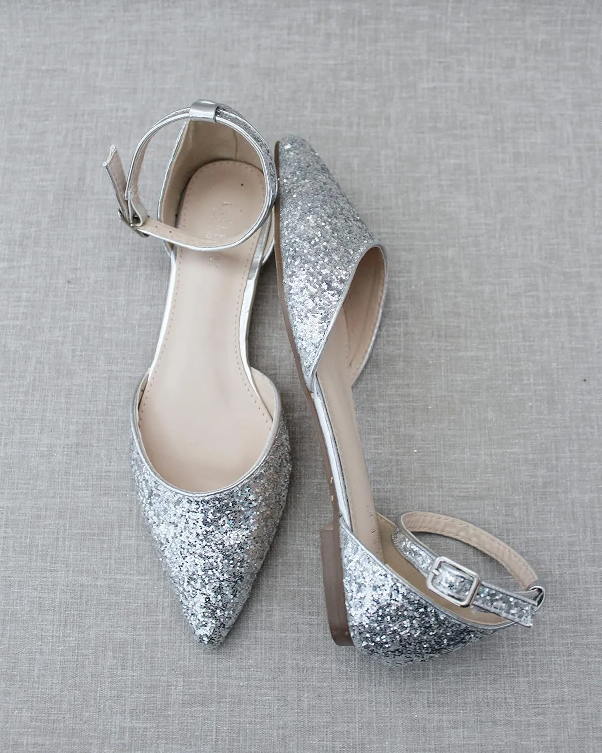 KAILEE P Rock Glitter Pointy Toe Flats with Ankle Strap, Wedding Shoes, Bridesmaids Shoes, Prom Shoes, Party Shoes, Bridal Flats