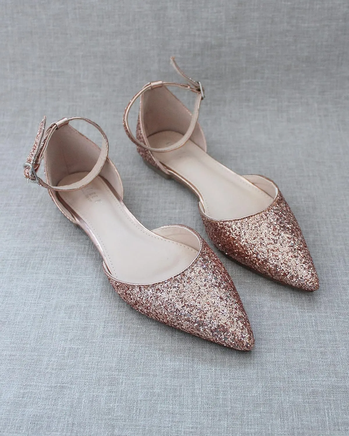 KAILEE P Rock Glitter Pointy Toe Flats with Ankle Strap, Wedding Shoes, Bridesmaids Shoes, Prom Shoes, Party Shoes, Bridal Flats
