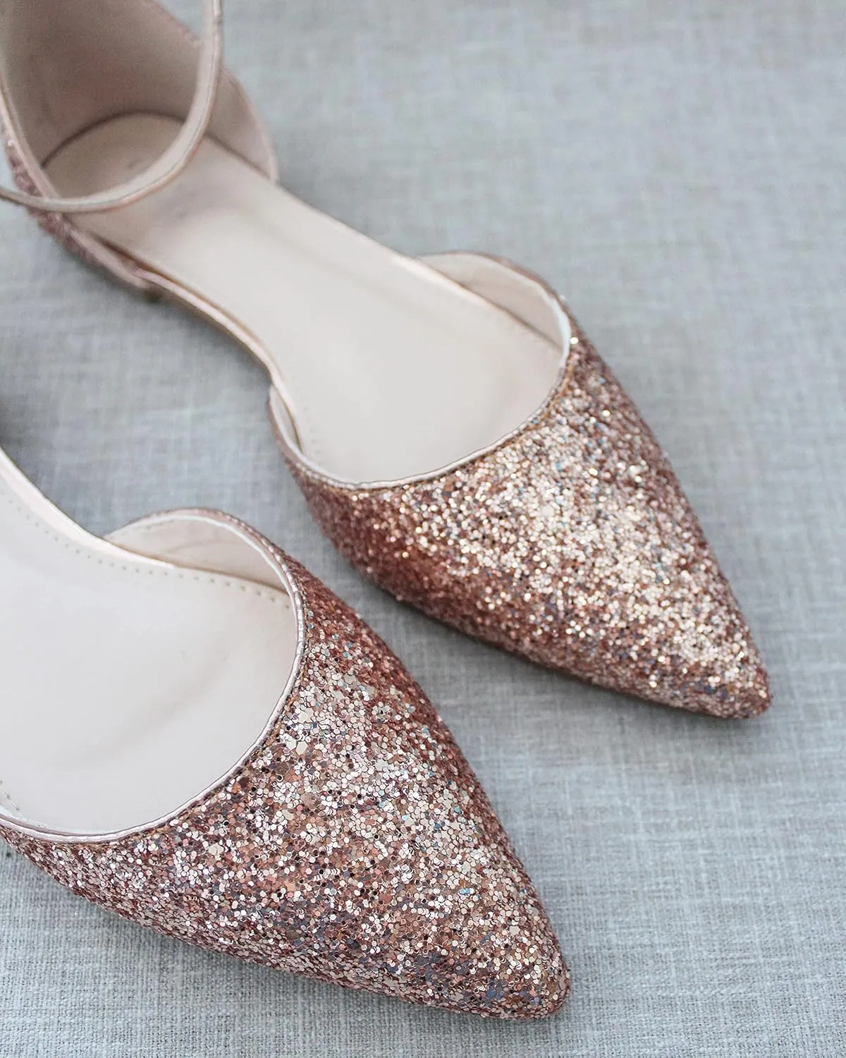 KAILEE P Rock Glitter Pointy Toe Flats with Ankle Strap, Wedding Shoes, Bridesmaids Shoes, Prom Shoes, Party Shoes, Bridal Flats