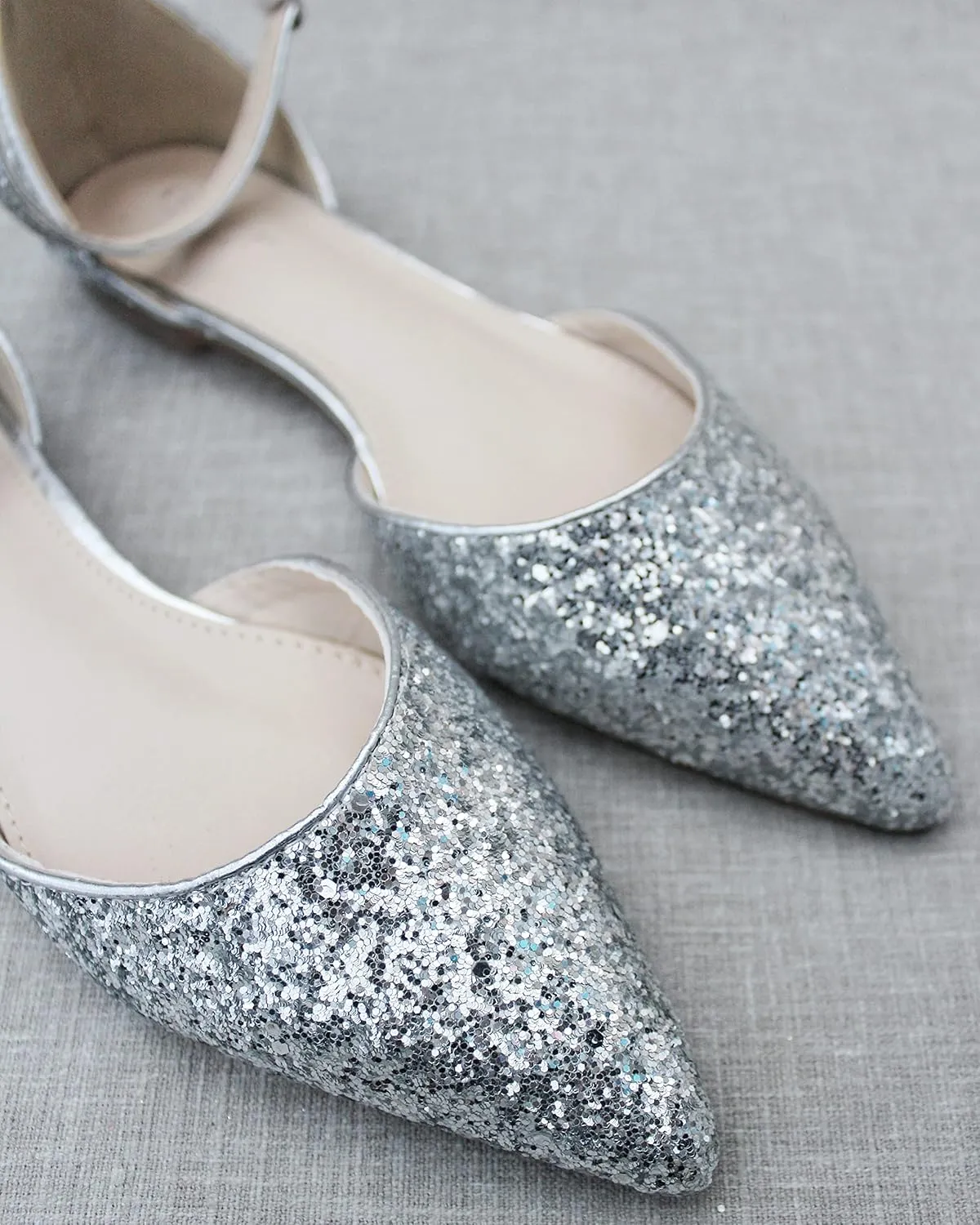 KAILEE P Rock Glitter Pointy Toe Flats with Ankle Strap, Wedding Shoes, Bridesmaids Shoes, Prom Shoes, Party Shoes, Bridal Flats