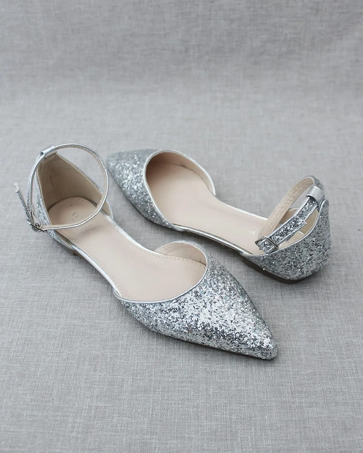 KAILEE P Rock Glitter Pointy Toe Flats with Ankle Strap, Wedding Shoes, Bridesmaids Shoes, Prom Shoes, Party Shoes, Bridal Flats