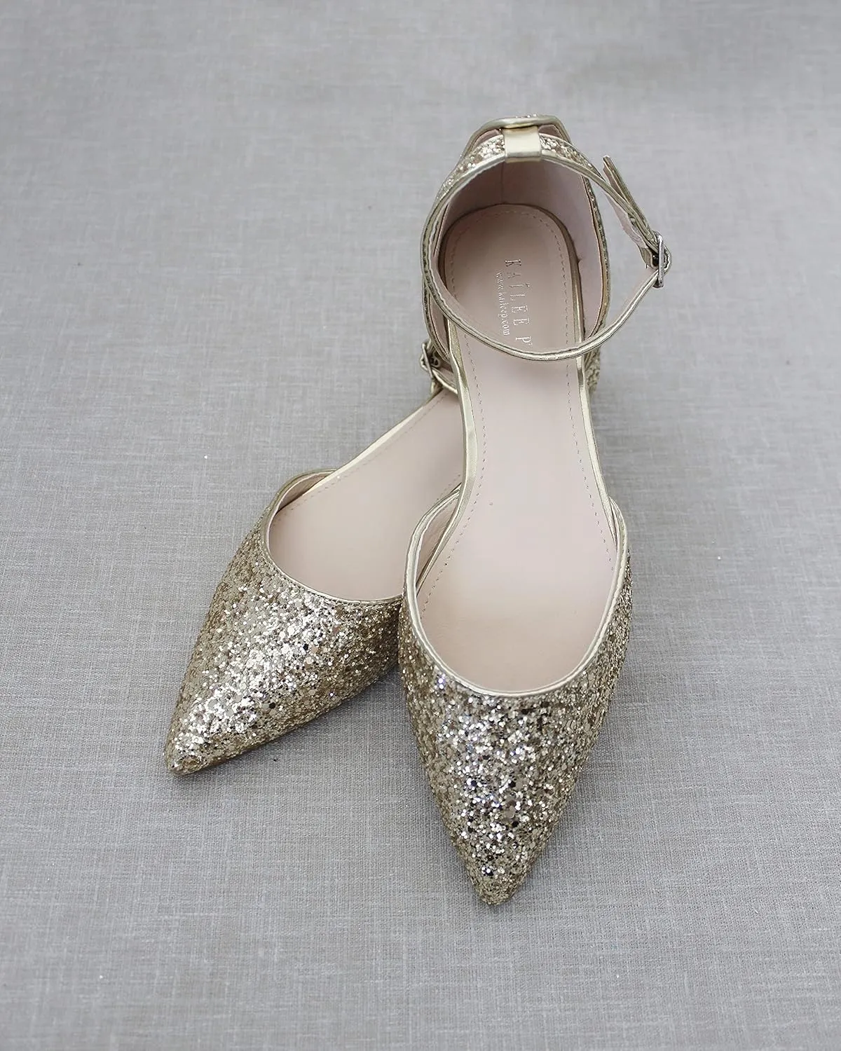 KAILEE P Rock Glitter Pointy Toe Flats with Ankle Strap, Wedding Shoes, Bridesmaids Shoes, Prom Shoes, Party Shoes, Bridal Flats