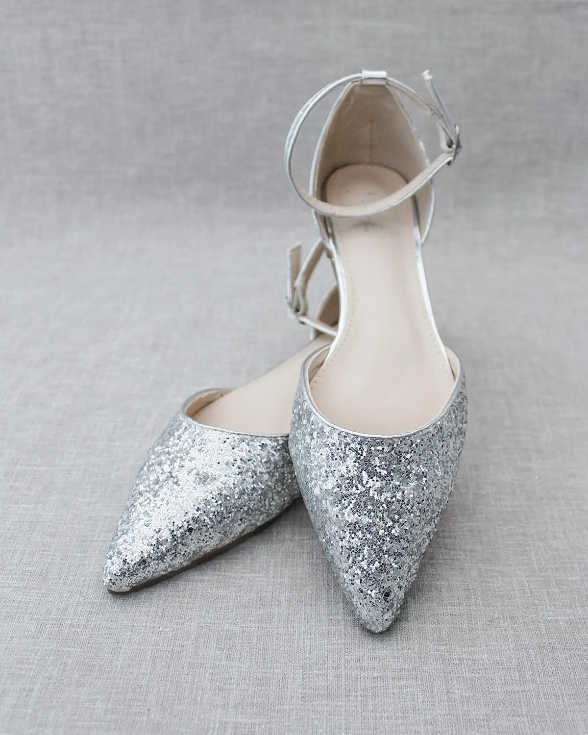 KAILEE P Rock Glitter Pointy Toe Flats with Ankle Strap, Wedding Shoes, Bridesmaids Shoes, Prom Shoes, Party Shoes, Bridal Flats