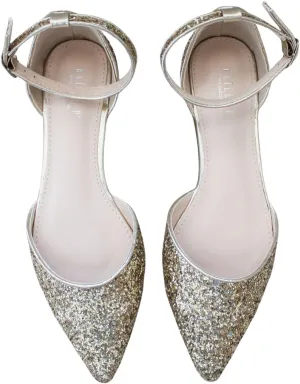 KAILEE P Rock Glitter Pointy Toe Flats with Ankle Strap, Wedding Shoes, Bridesmaids Shoes, Prom Shoes, Party Shoes, Bridal Flats