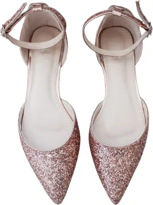 KAILEE P Rock Glitter Pointy Toe Flats with Ankle Strap, Wedding Shoes, Bridesmaids Shoes, Prom Shoes, Party Shoes, Bridal Flats
