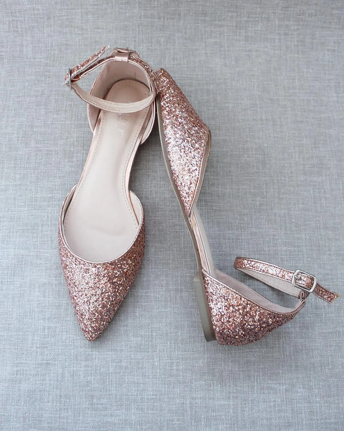 KAILEE P Rock Glitter Pointy Toe Flats with Ankle Strap, Wedding Shoes, Bridesmaids Shoes, Prom Shoes, Party Shoes, Bridal Flats